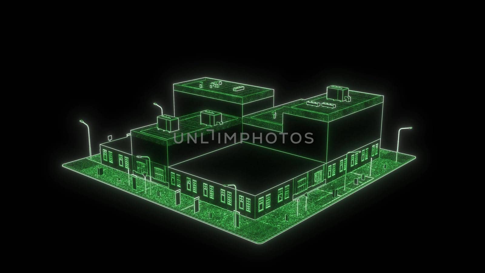 Cyber building green neon lines futuristic town artificial intelligence intro 3d render