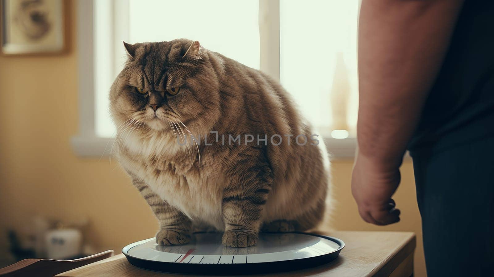 A large, fat, obese cat at a veterinarian's appointment in a clinic. Concept of care and concern for pets and obesity.