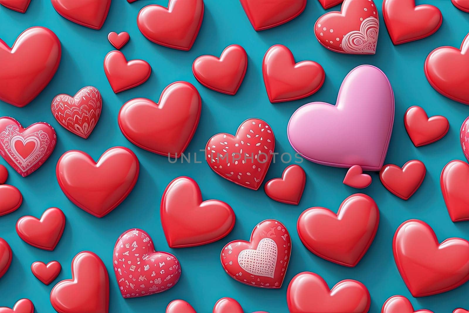Seamless pattern of 3d red hearts on blue background. Vector illustration. by Waseem-Creations
