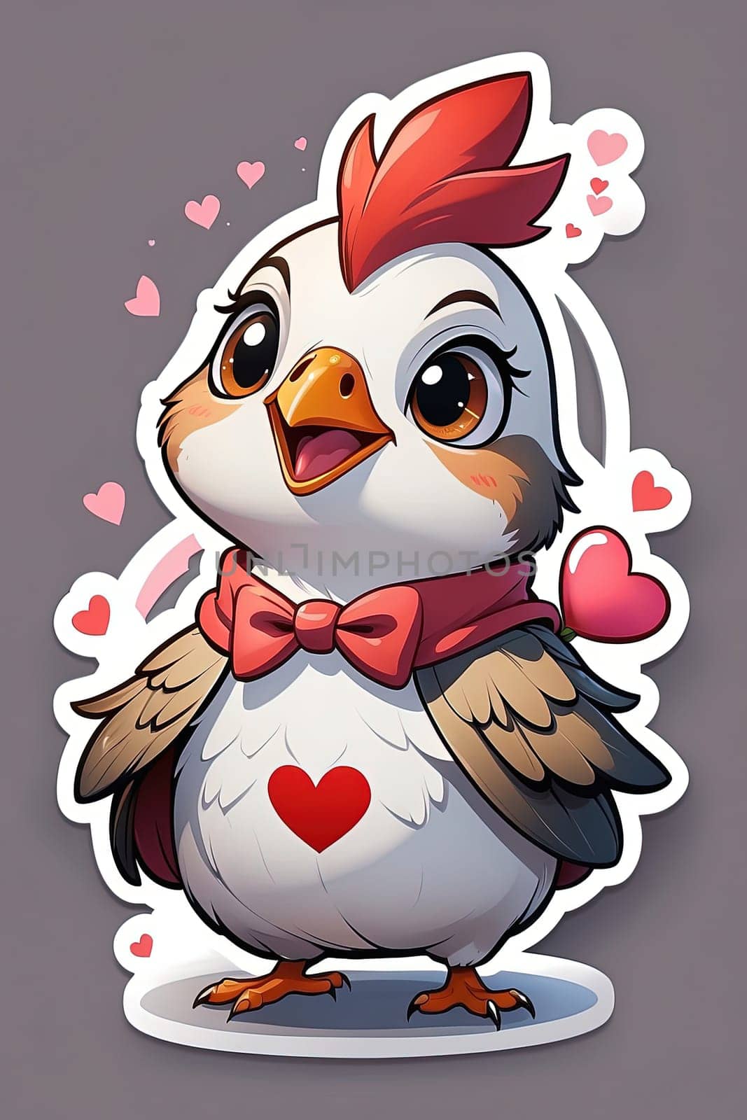 Cute cartoon rooster with red bow tie and hearts. Sticker illustration. by Waseem-Creations