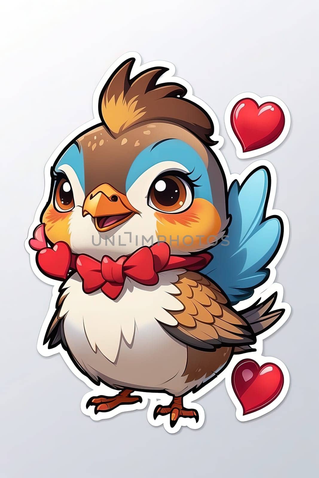 Cute cartoon chicken rooster bird with red heart on white background. Sticker illustration. AI Generated.