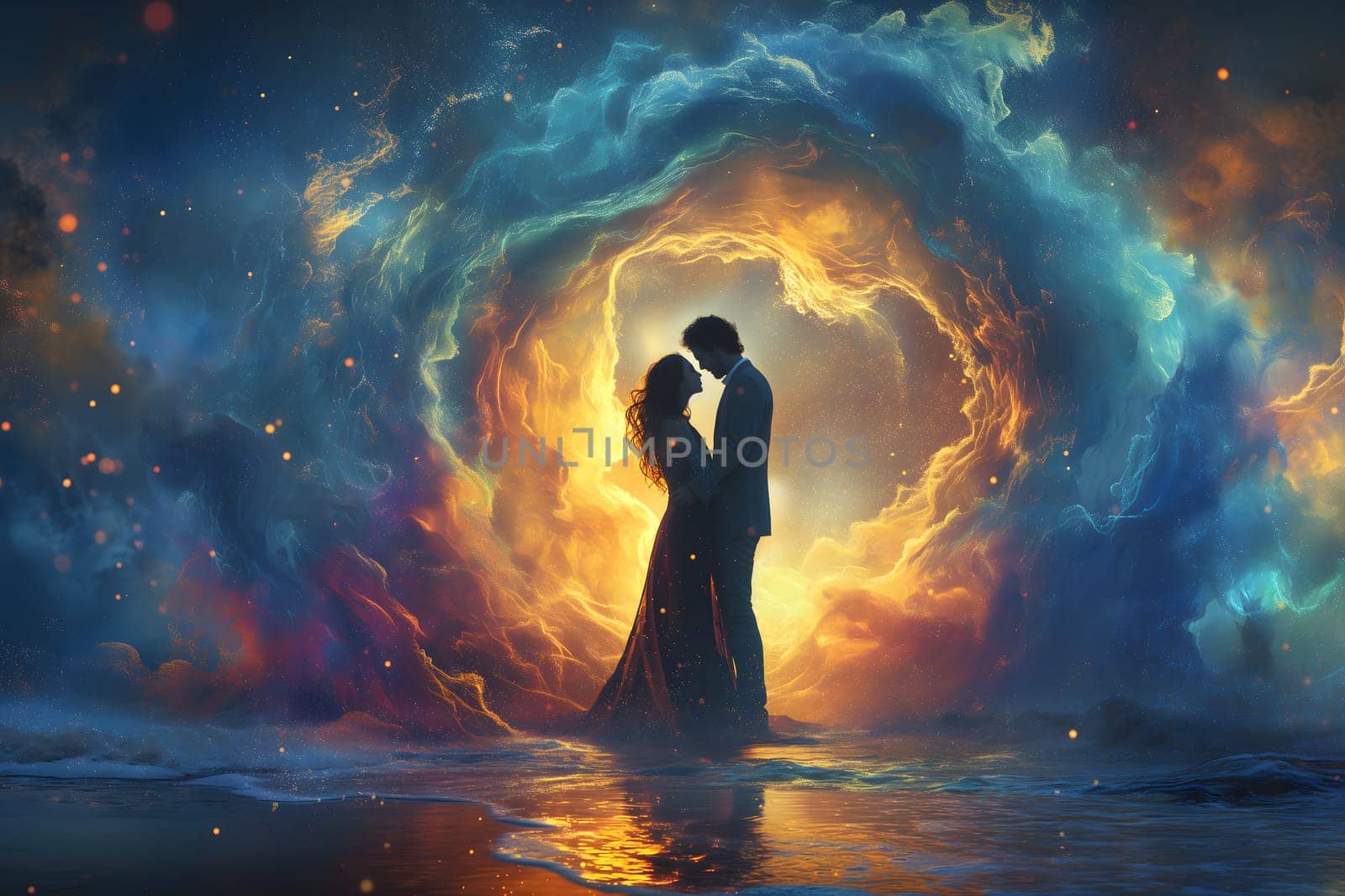 Man and woman embracing in surreal, colorful liquid fantasy dreamscape. Neural network generated image. Not based on any actual person or scene.