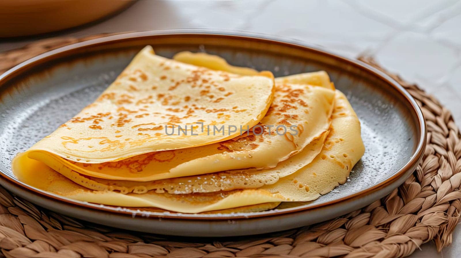 A portion of crepes is on a plate. Maslenitsa. Delicious and healthy food. AI generated.
