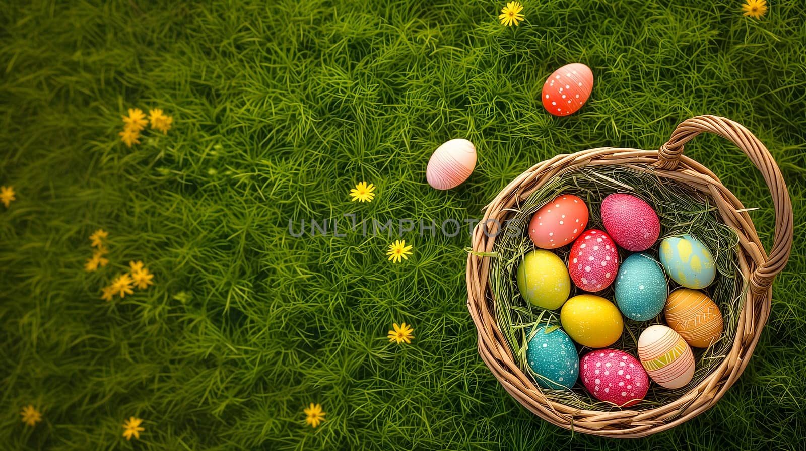 Easter basket with colorful eggs on a background of green grass meadow, high angle view. Neural network generated image. Not based on any actual scene or pattern.