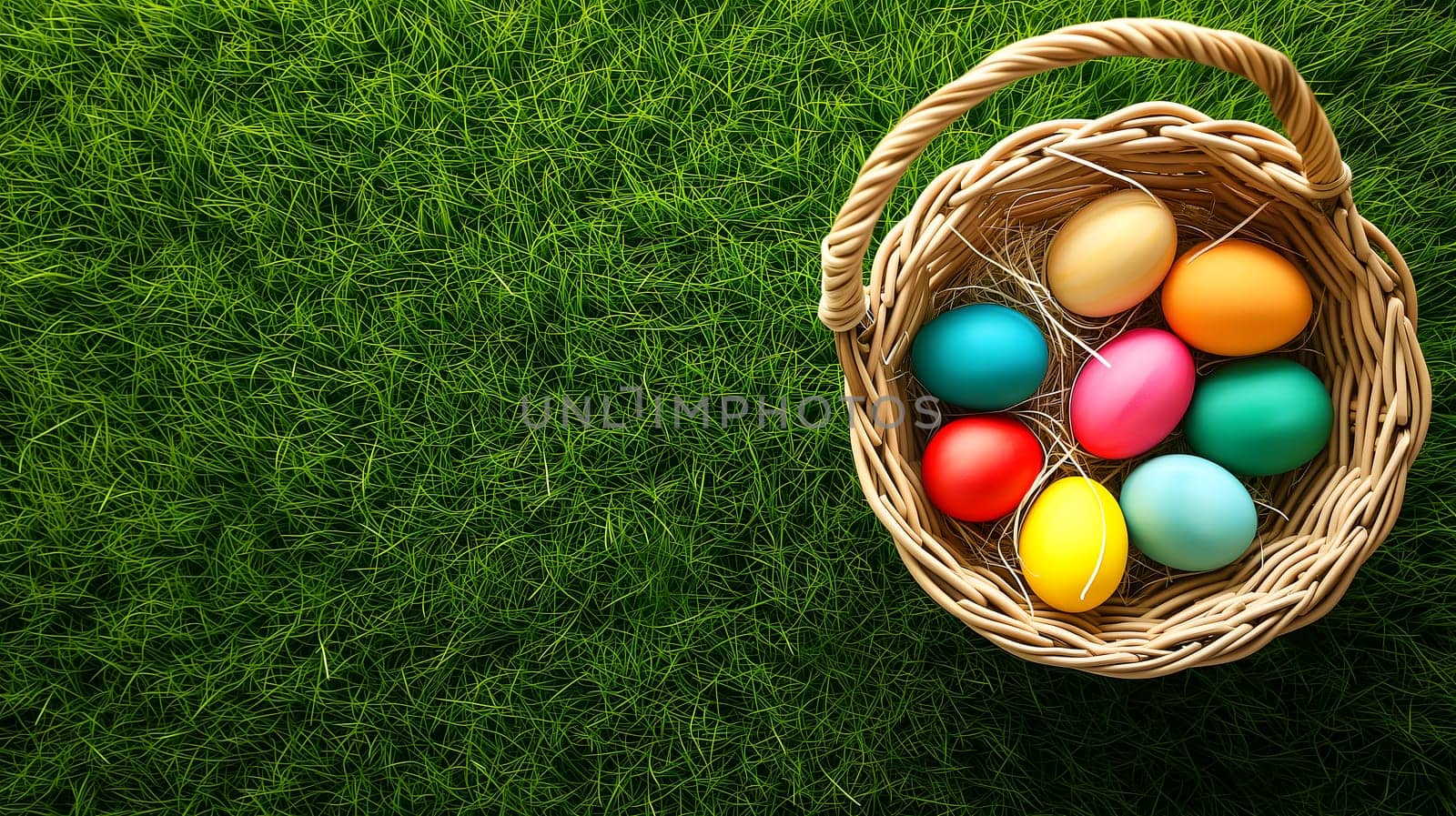 Easter basket with colorful eggs on a background of green grass meadow, high angle view. Neural network generated image. Not based on any actual scene or pattern.