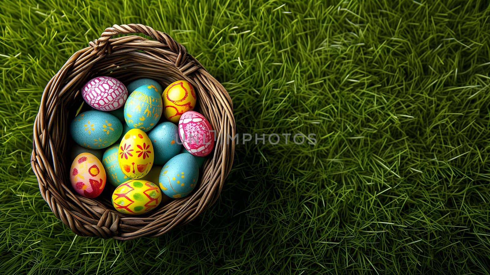 Easter basket with colorful eggs on a background of green grass meadow, high angle view by z1b