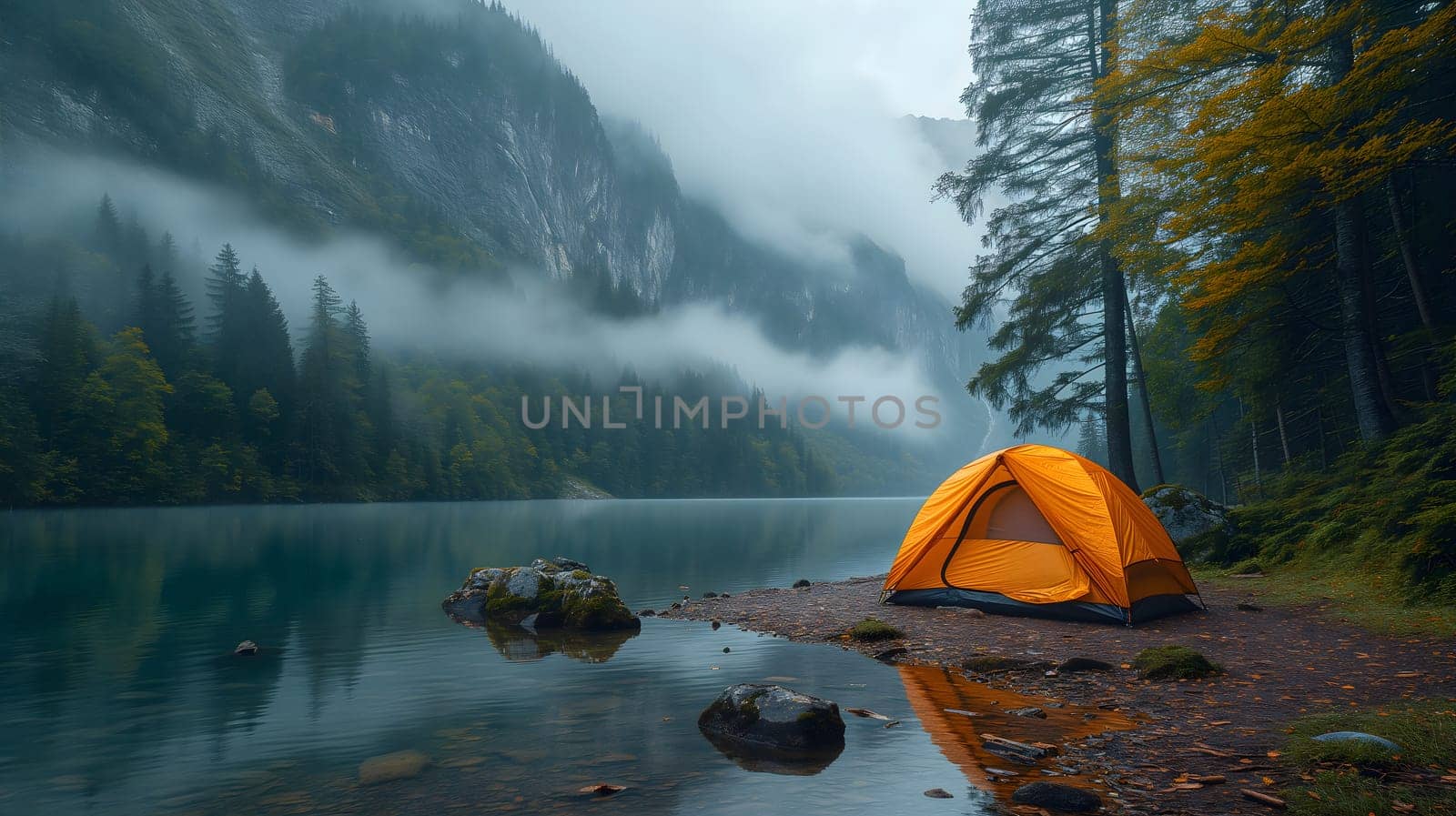 Close-up of a tent in the foreground and mountains with fog in the background with a lake or river in the foreground. Neural network generated image. Not based on any actual scene or pattern.