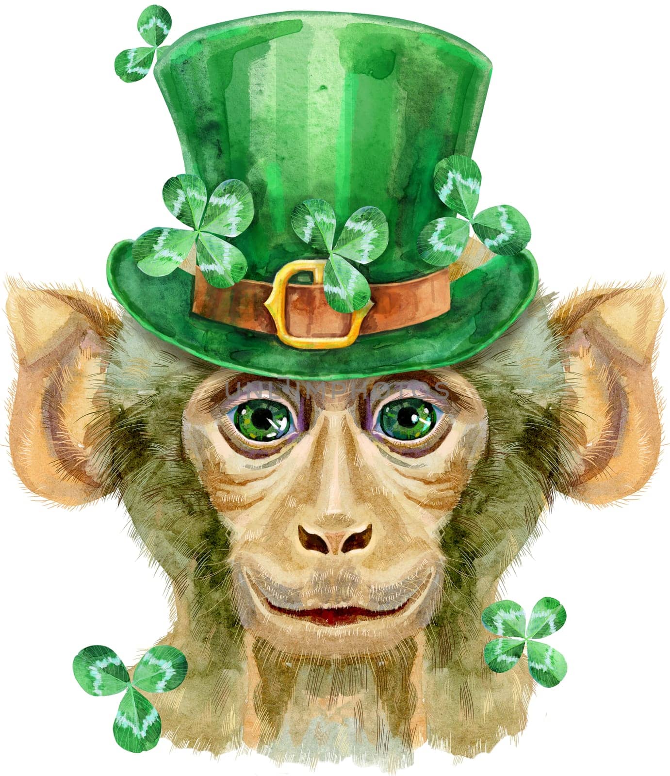 Monkey in green St. Patrick's hat with clover leaves. Watercolor illustration isolated on white background. by NataOmsk