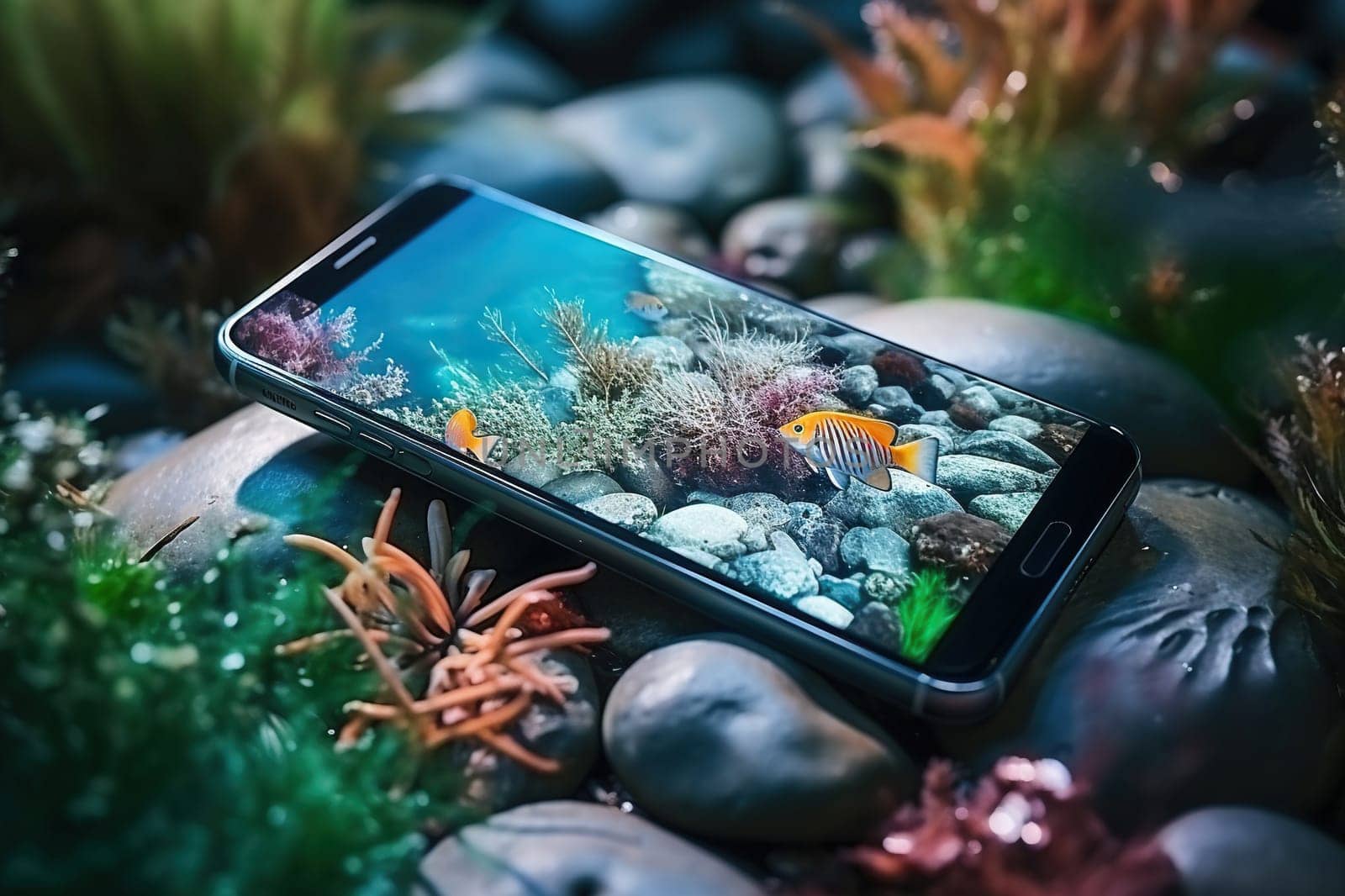 Smartphone underwater with photos of exotic fish on the screen.