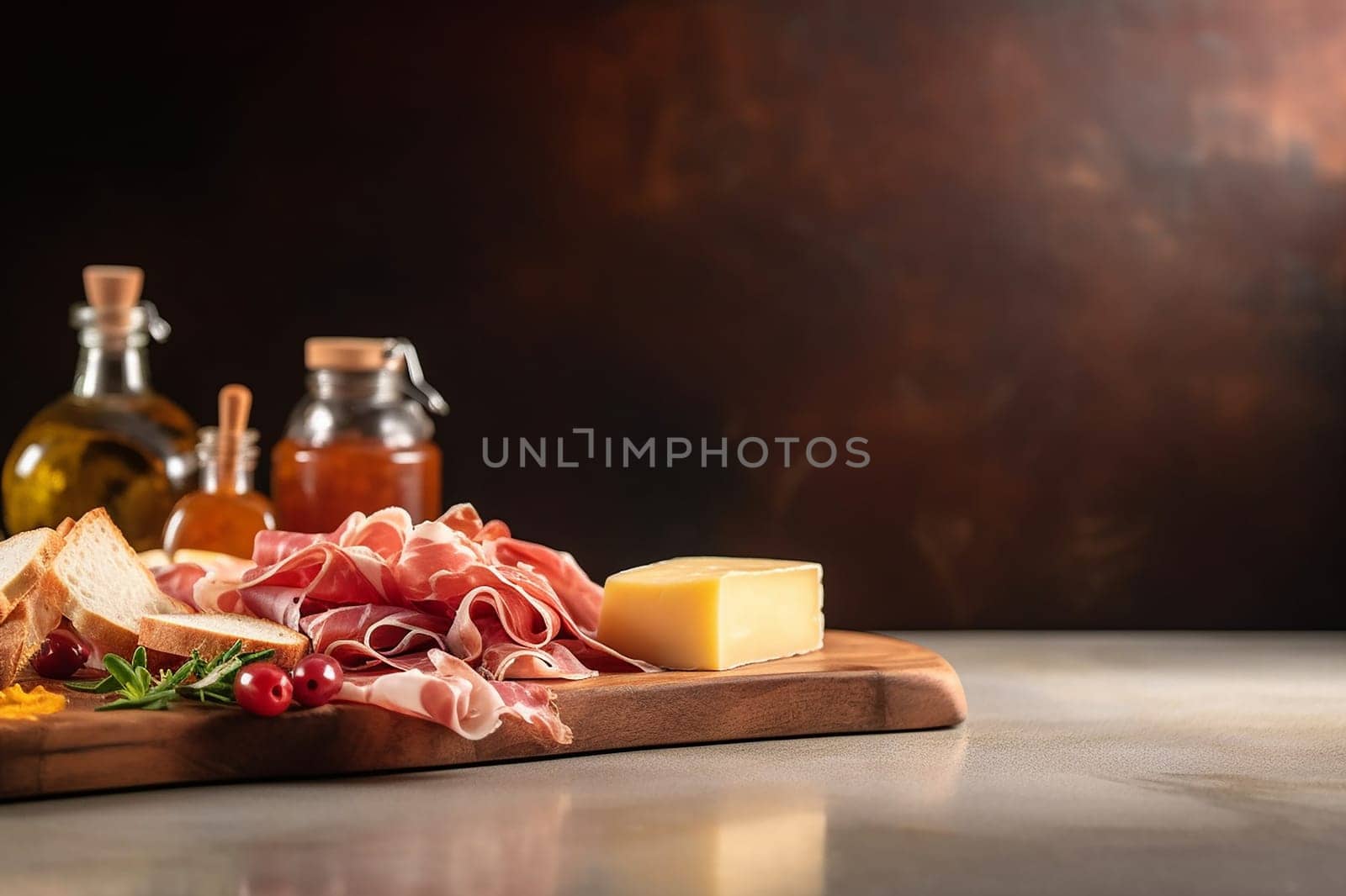 Assorted cold cuts and cheese on wooden board.