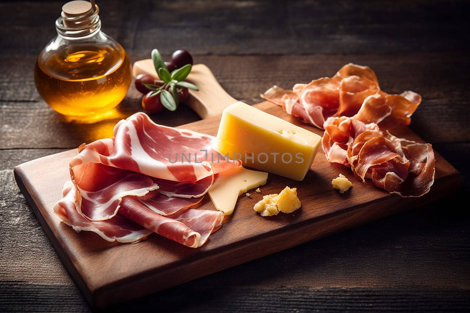 Assorted delicacies including cheese, cured ham, and olive oil on wooden board.