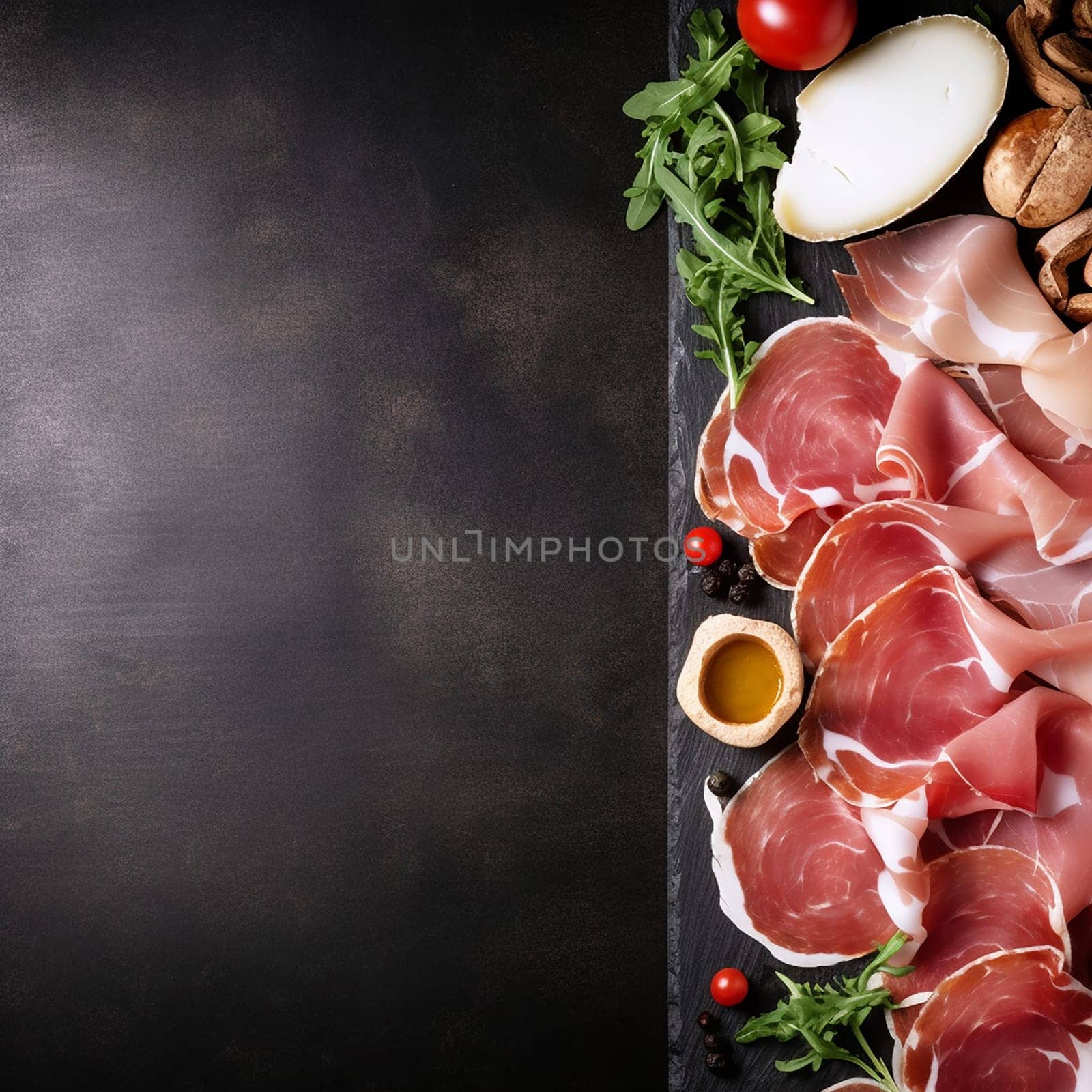 Assorted deli meats with vegetables and condiments on slate backdrop.