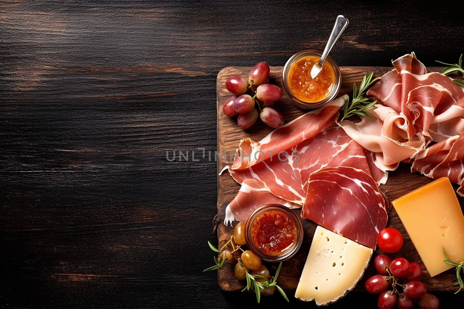Assorted cold cuts, cheese, and condiments on wooden board