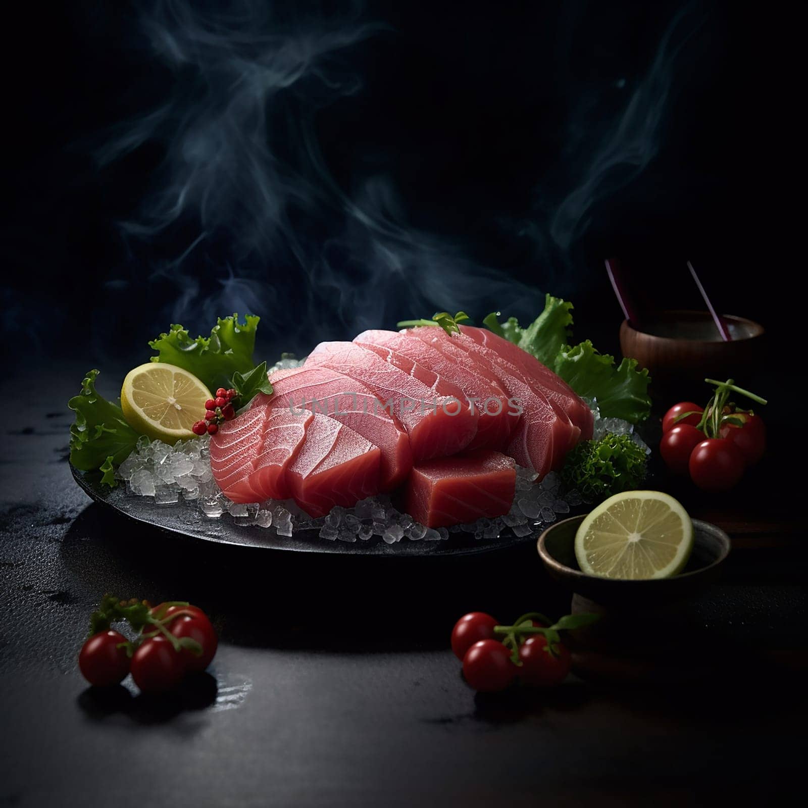 Fresh sashimi tuna slices on ice with garnishes and smoke backdrop