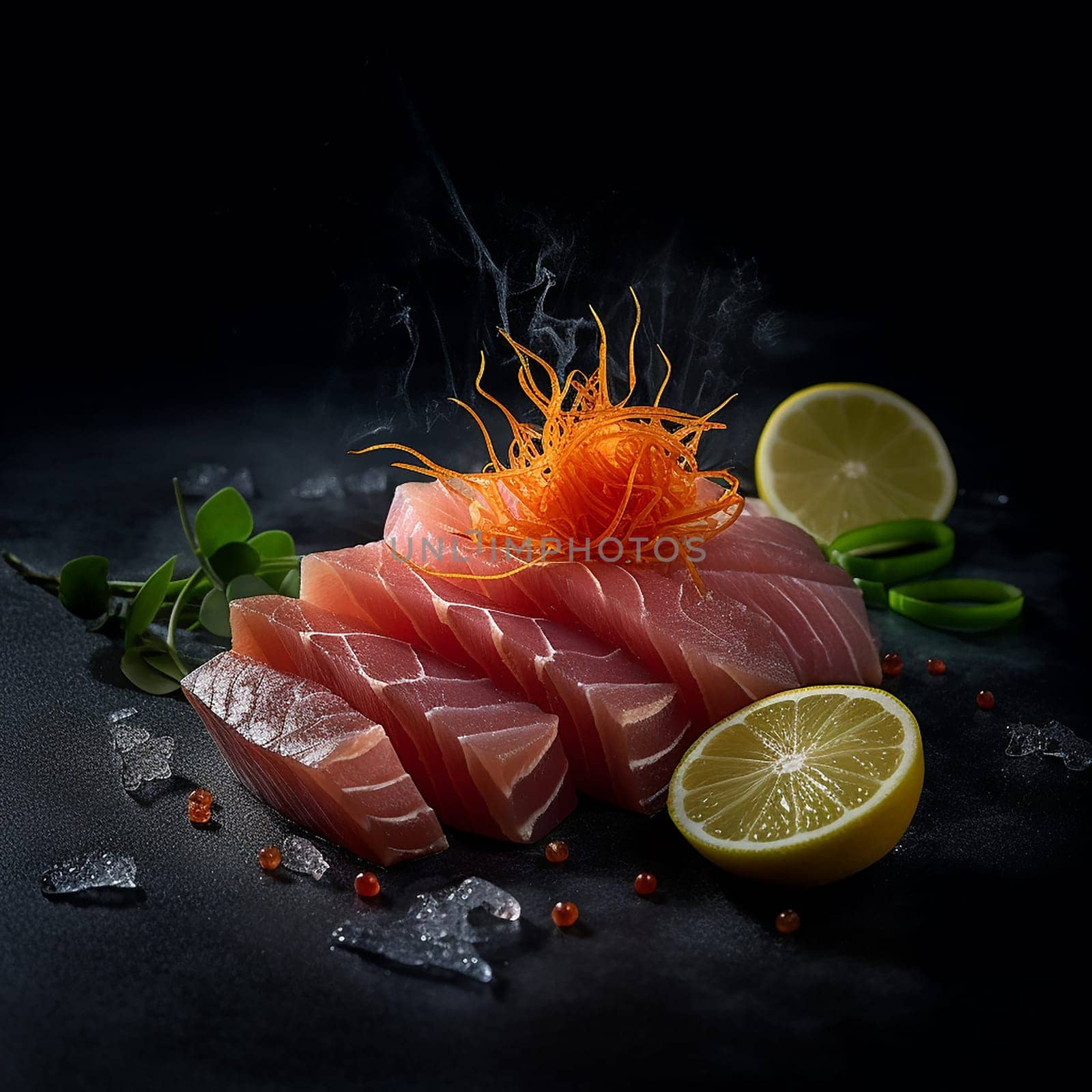 Succulent slices of sashimi garnished with delicate threads, herbs, lemon, and spices on a dark backdrop.