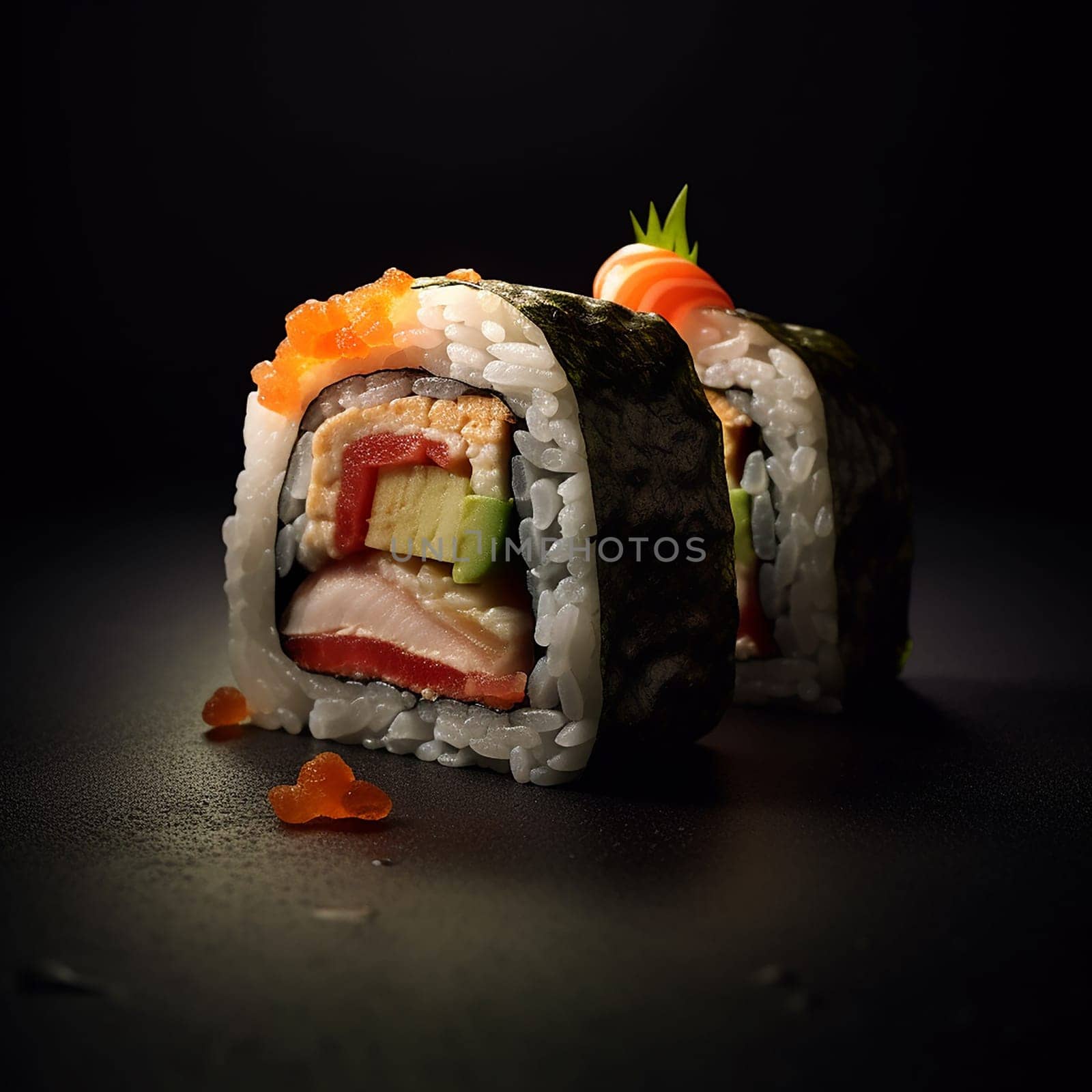 Traditional sushi roll with salmon, avocado, and rice, on a dark background.