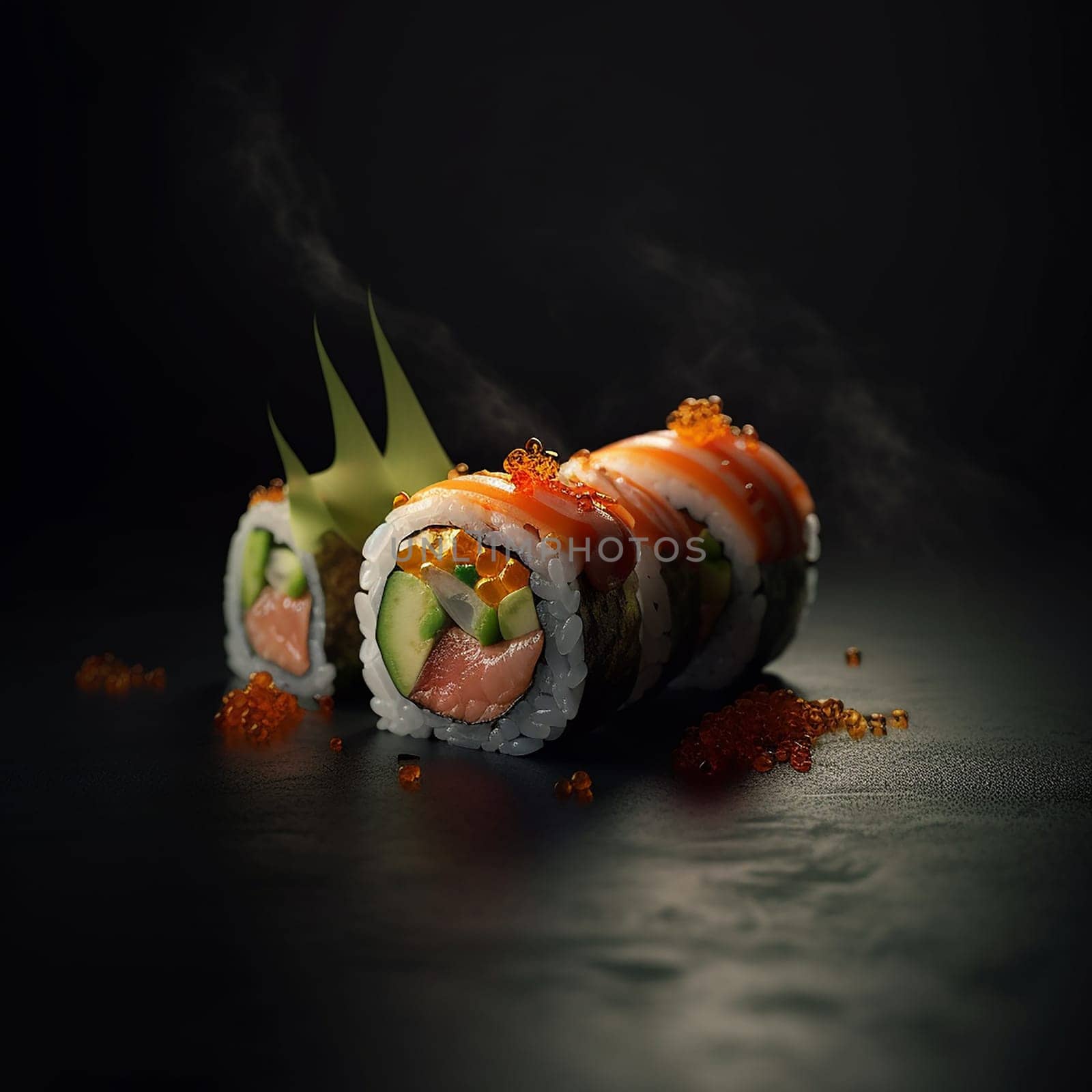 Sushi roll with fresh ingredients, artistic presentation on a dark surface with smoke effect.