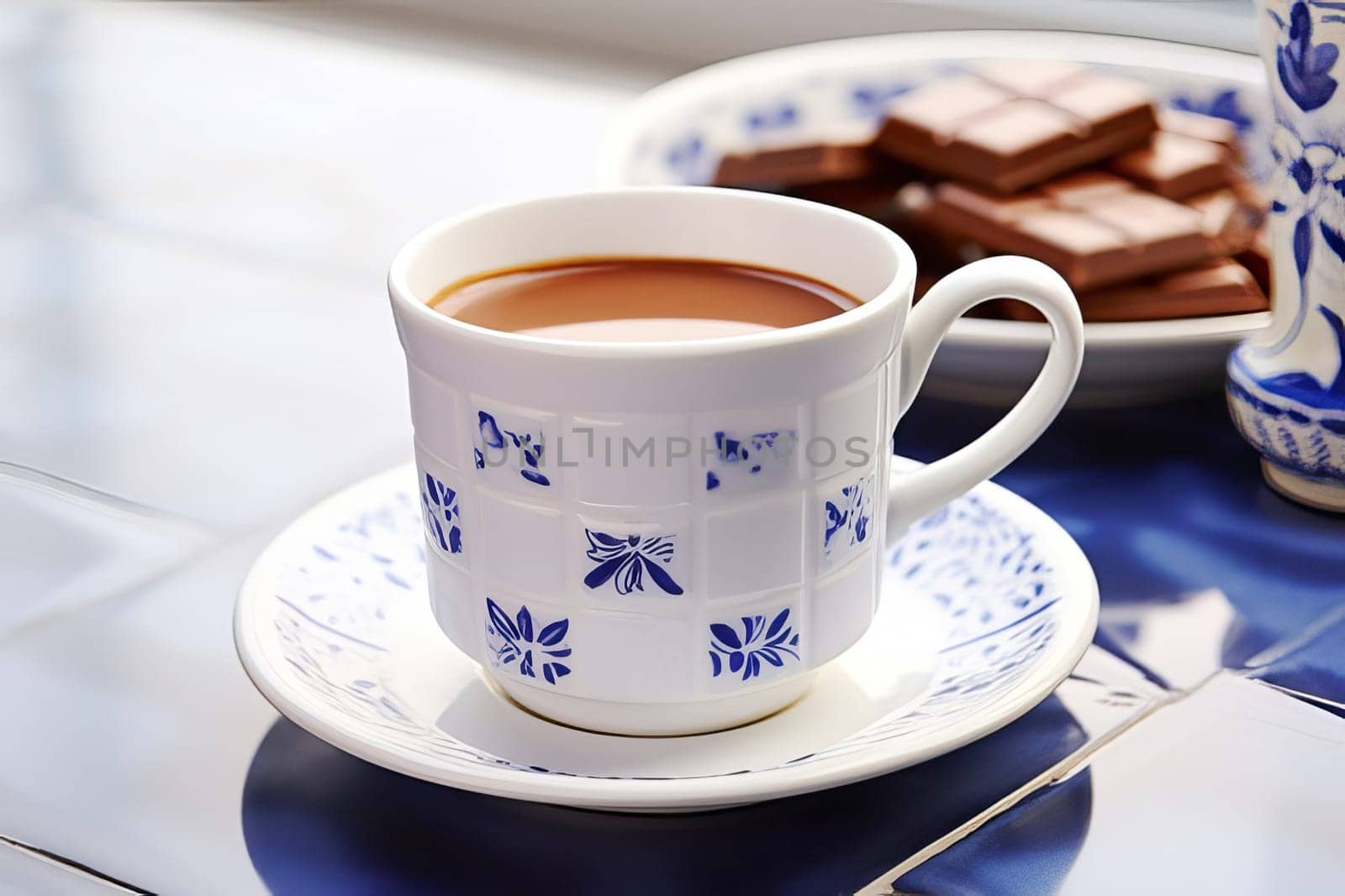 A cup of hot chocolate on a table with a blue and white tile surface.