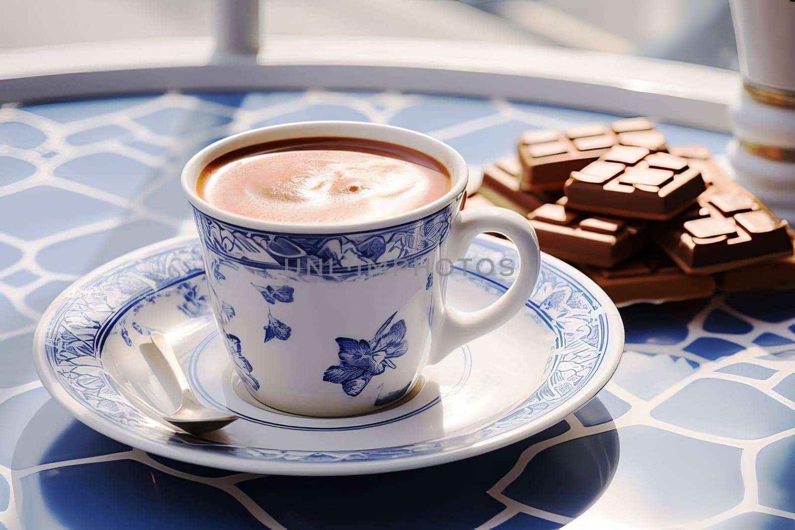 A cup of hot chocolate on a table with a blue and white tile surface.