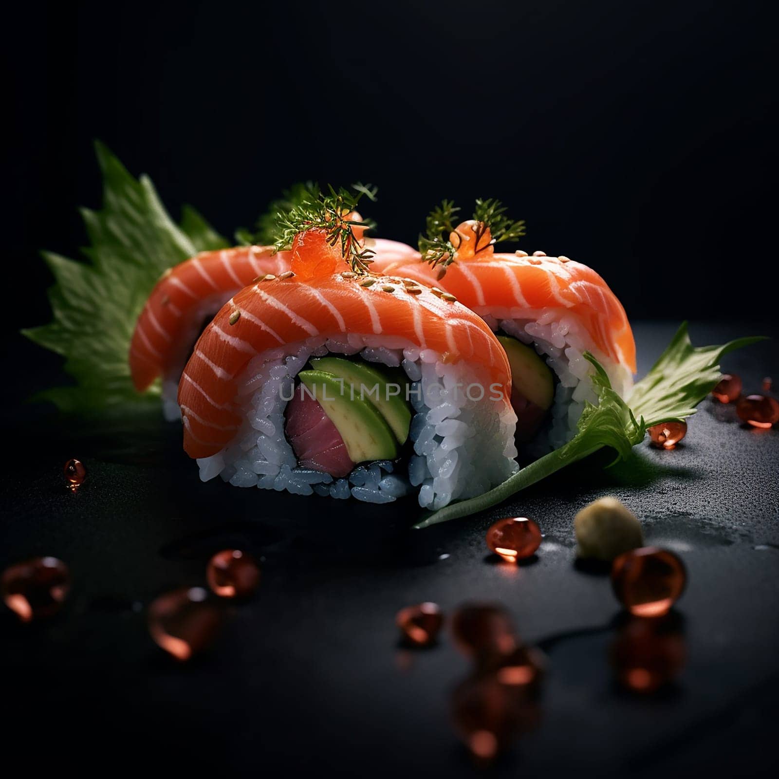 Two pieces of sushi with salmon and avocado garnished with herbs.
