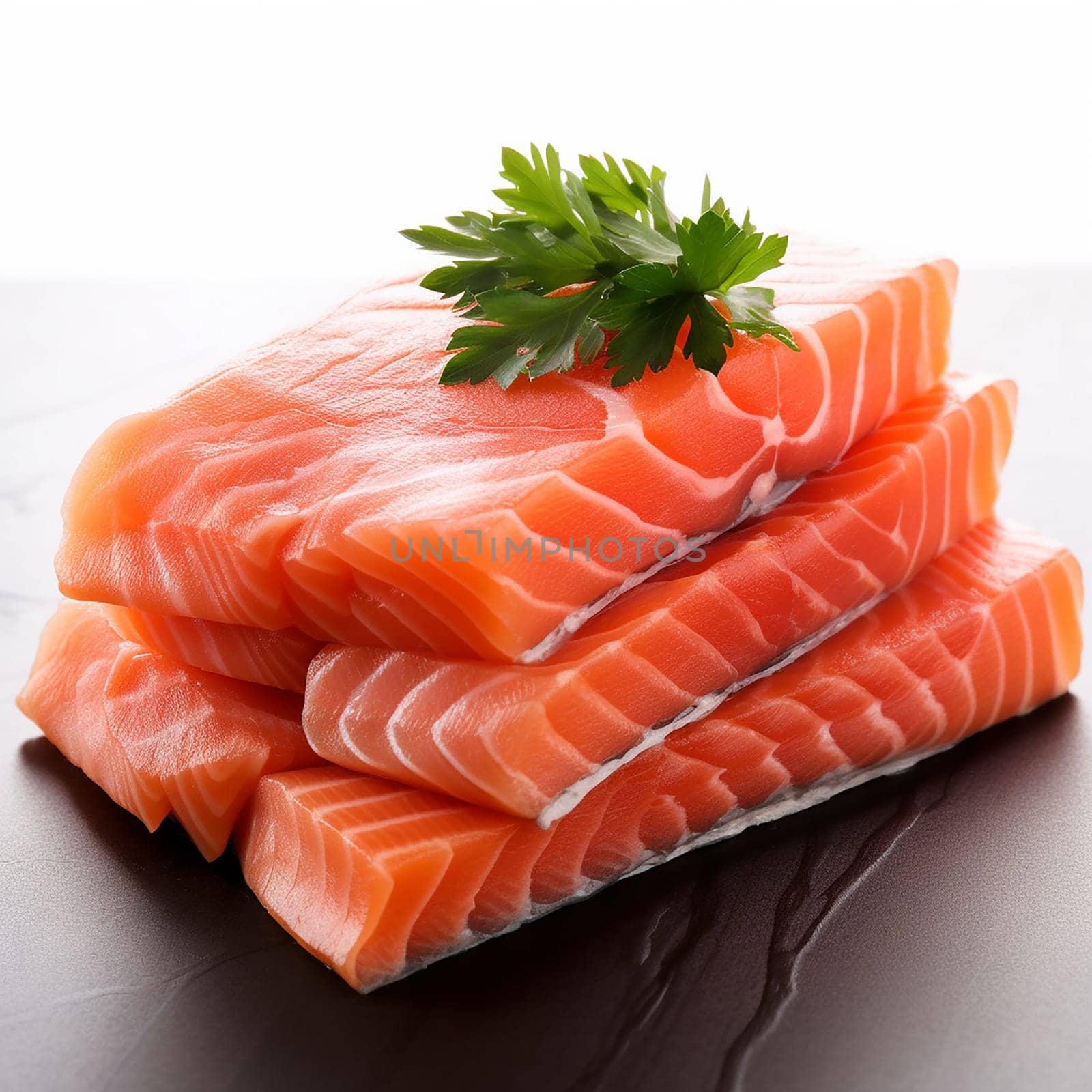 Sliced raw salmon arranged neatly with a garnish on top.