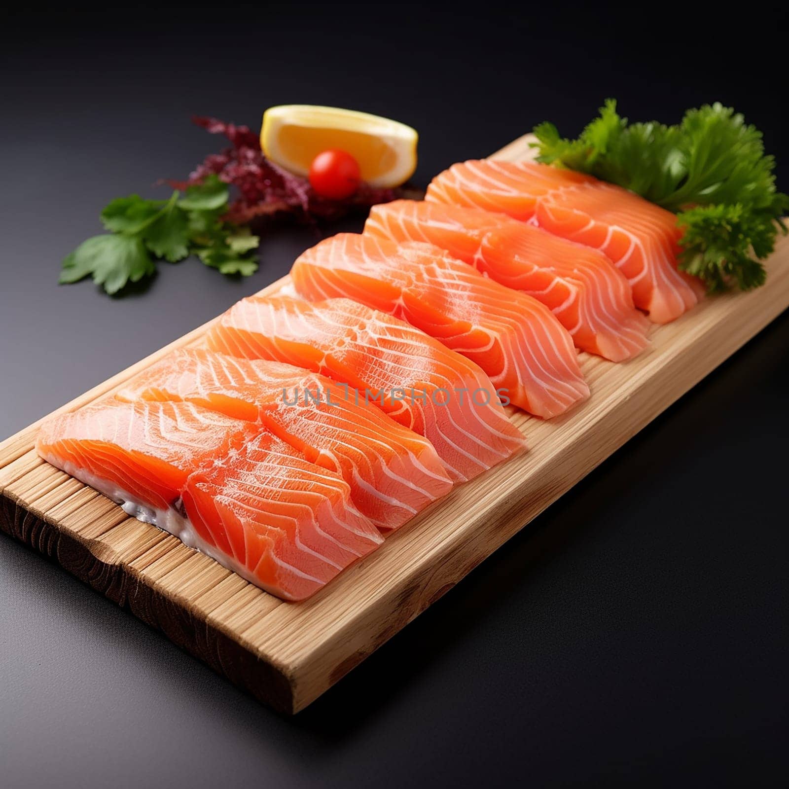 Fresh salmon sashimi slices on a wooden board with garnish.
