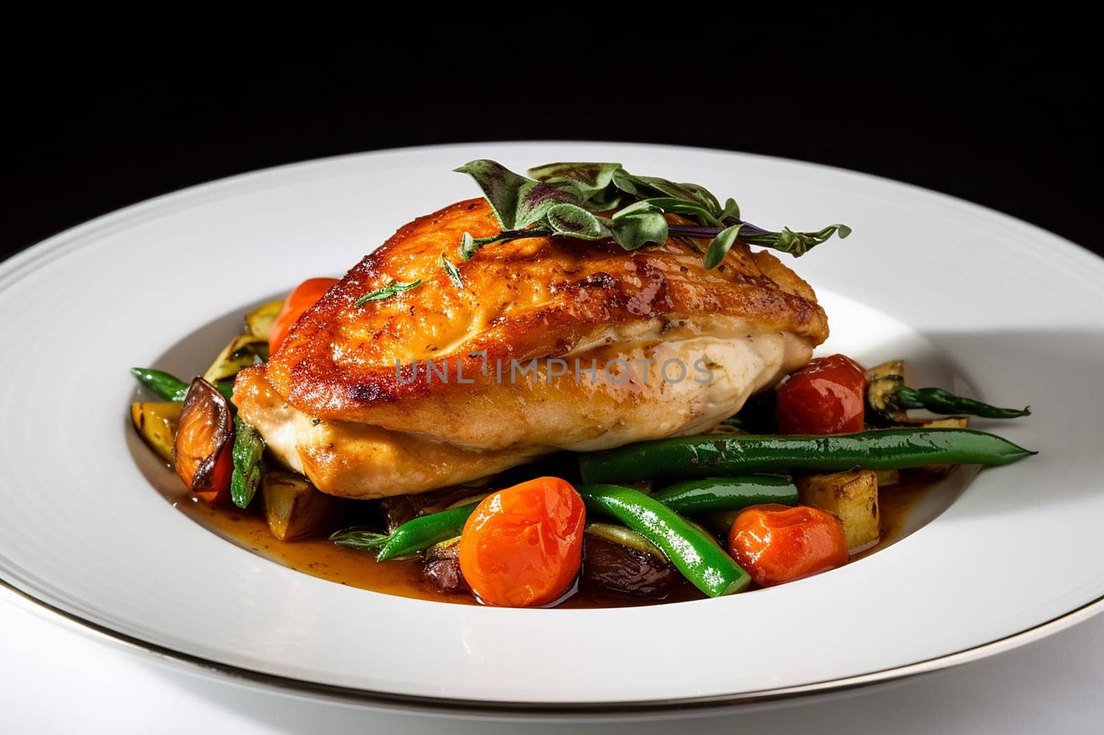 Roasted chicken breast served with vegetables and herbs on a white plate.