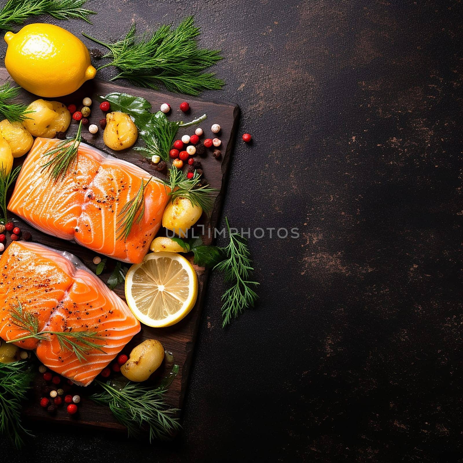 Fresh salmon fillets with herbs, spices, and citrus on a dark background.