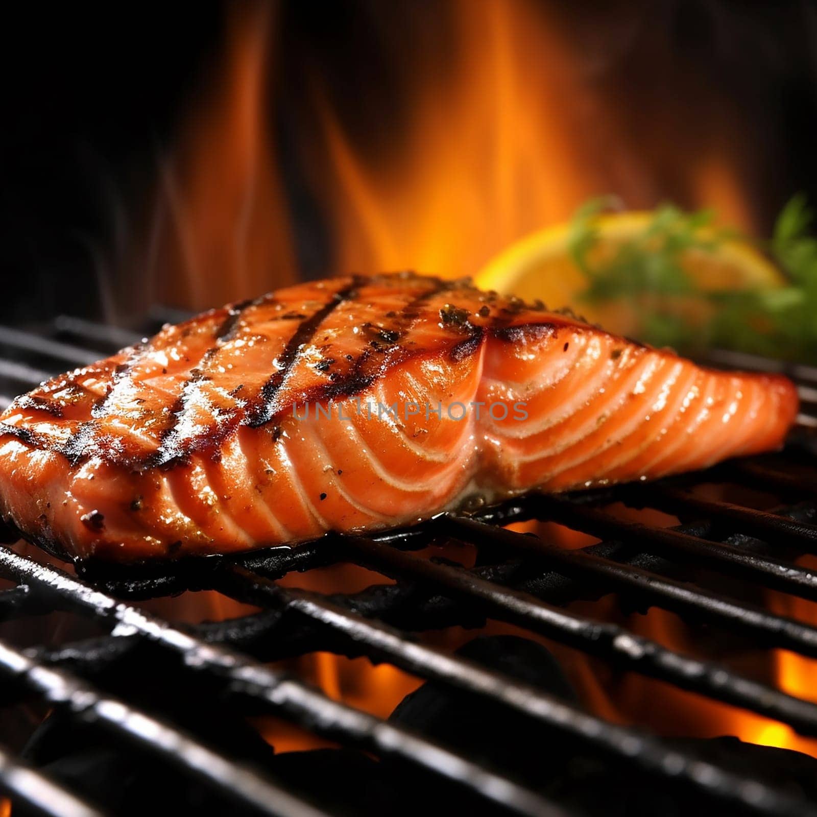 Grilled salmon fillet with char marks on a barbecue grill with flames