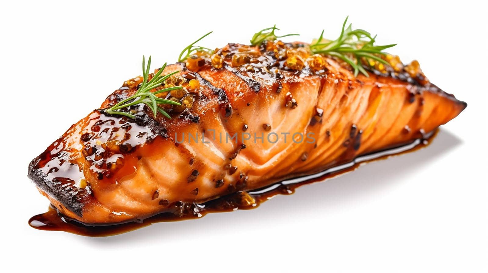 Grilled salmon fillet with glaze and herbs on white background.