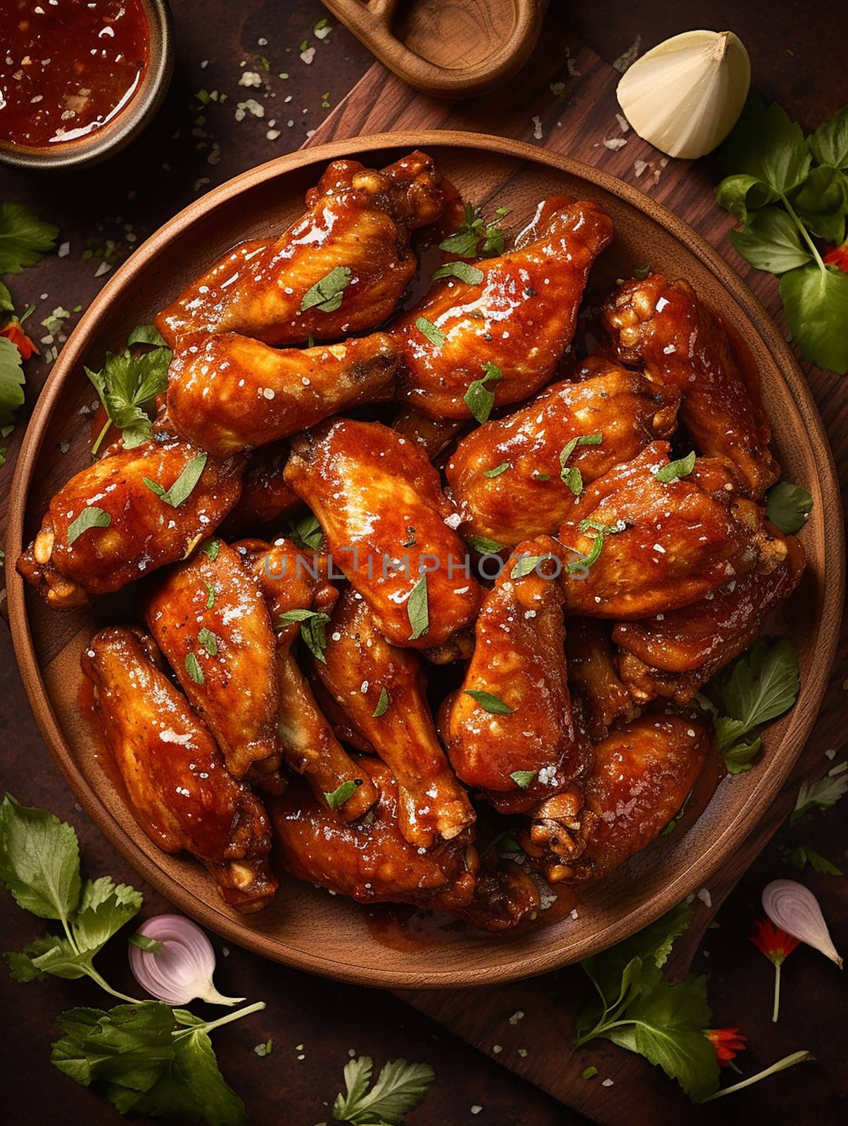 Glazed chicken wings on a wooden plate garnished with herbs.