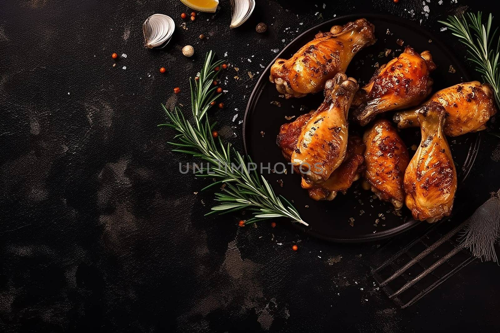 Roasted chicken drumsticks with herbs on dark background.