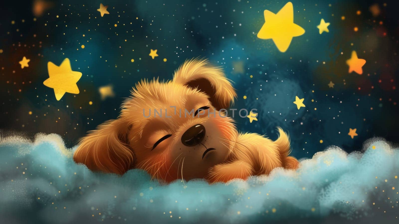 A cute little dog sleeping on a cloud with stars in the sky