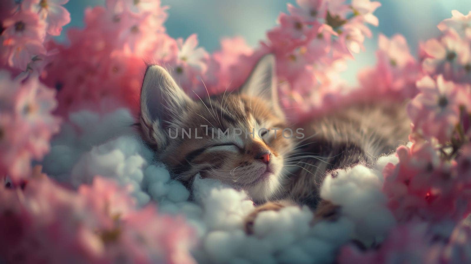 A cat sleeping in a field of flowers with pink petals