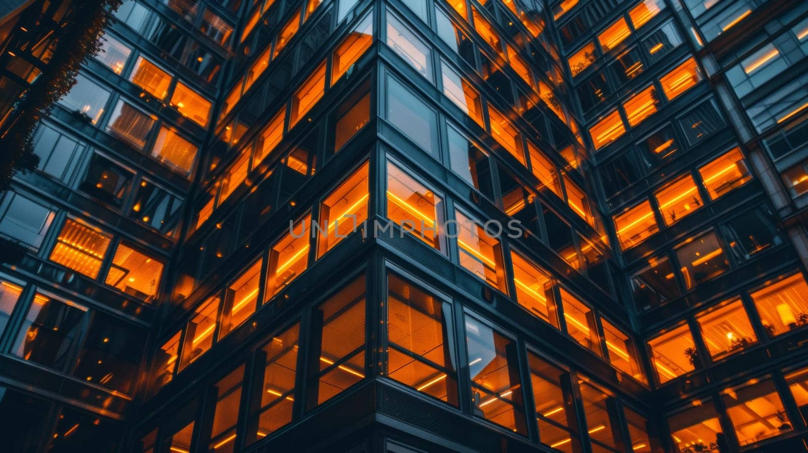 A tall building with many windows lit up at night