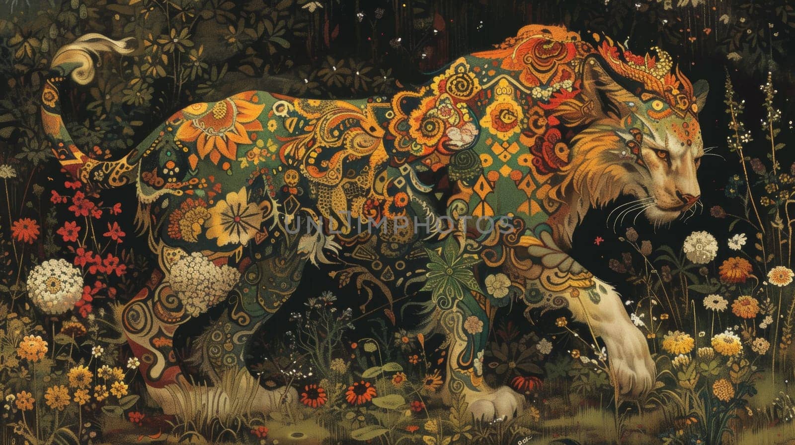 A painting of a large cat in the middle of flowers