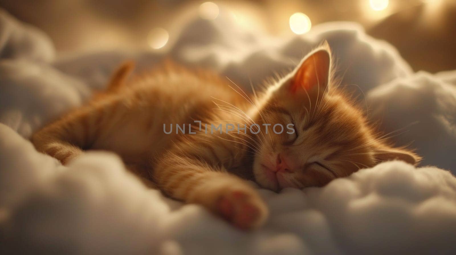 A small kitten sleeping on a cloud of white fluffy stuff