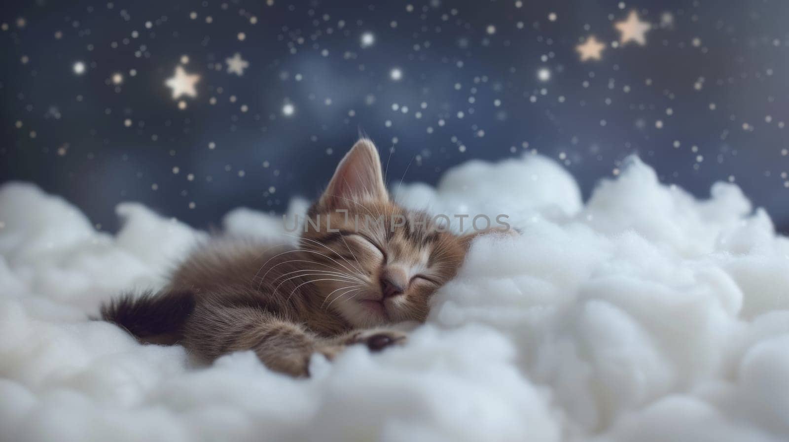 A kitten sleeping on a cloud of fluffy white clouds