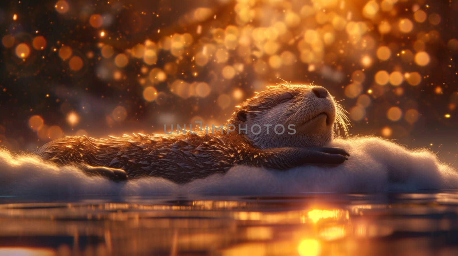 A close up of a sea otter laying on top of some water