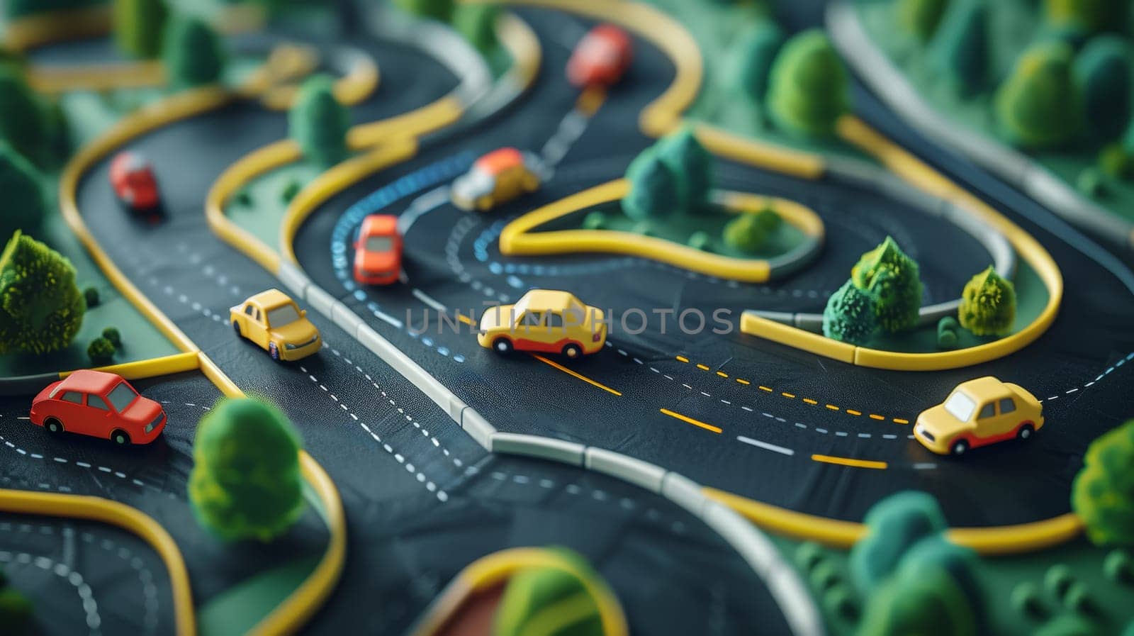 A toy car race track with cars going down the road