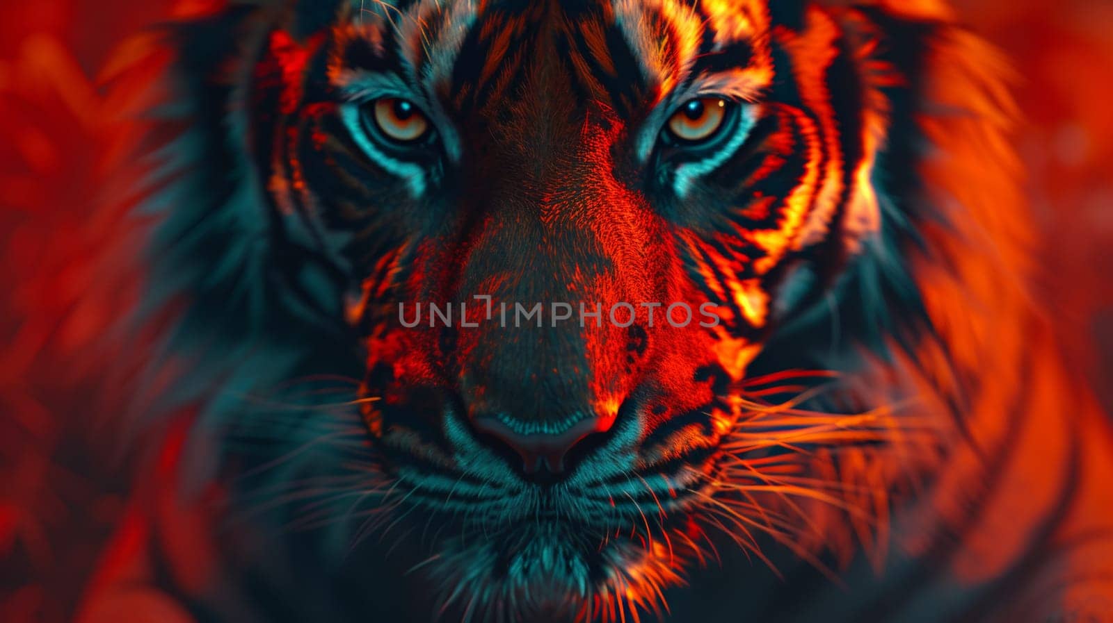 A close up of a tiger's face with red and blue lighting