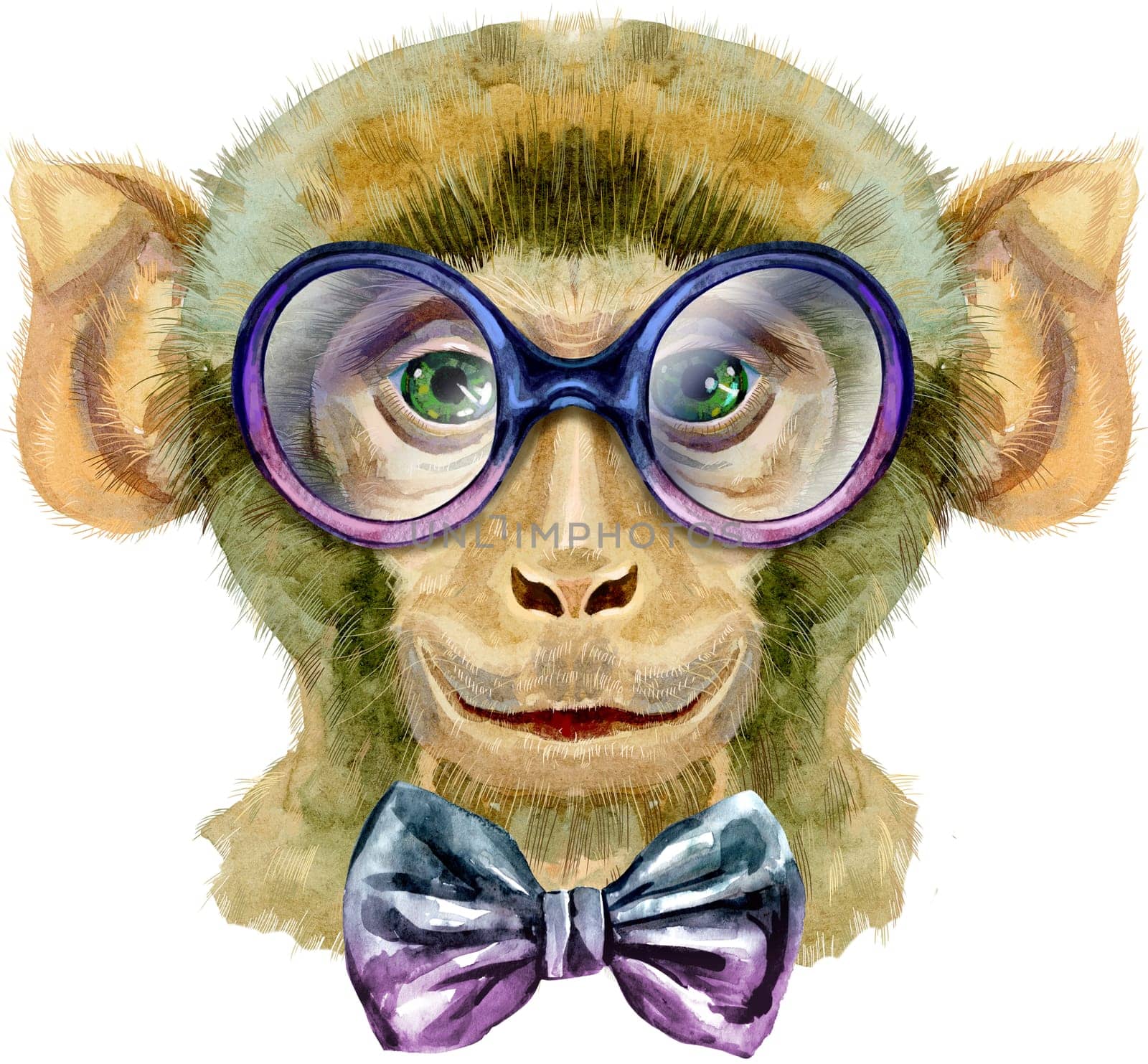 Monkey head in glasses isolated on white background. Monkey watercolor illustration