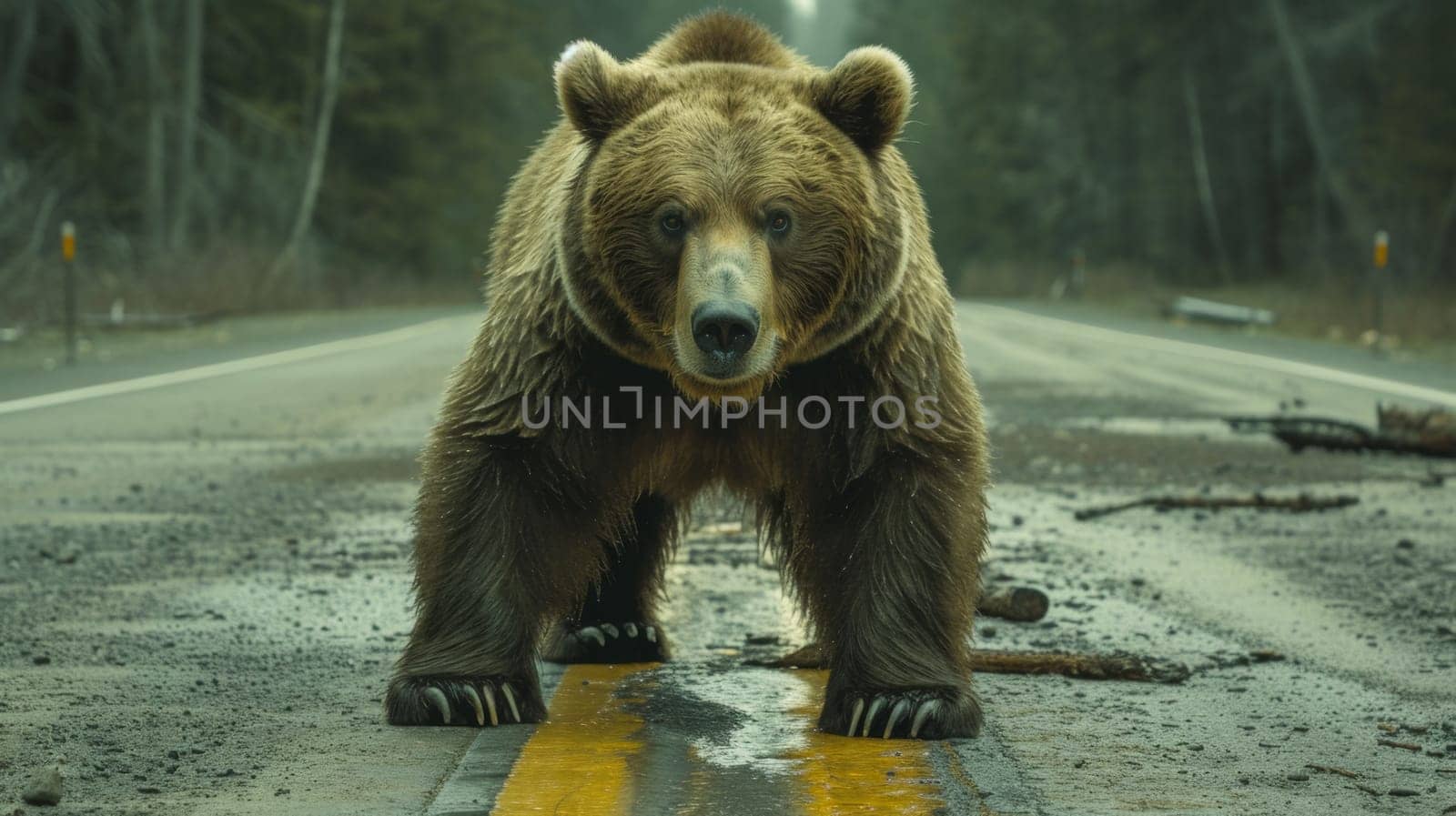 A brown bear crossing a road in the woods