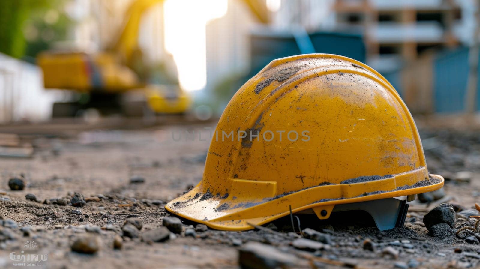 A yellow hard hat laying on the ground next to a construction site