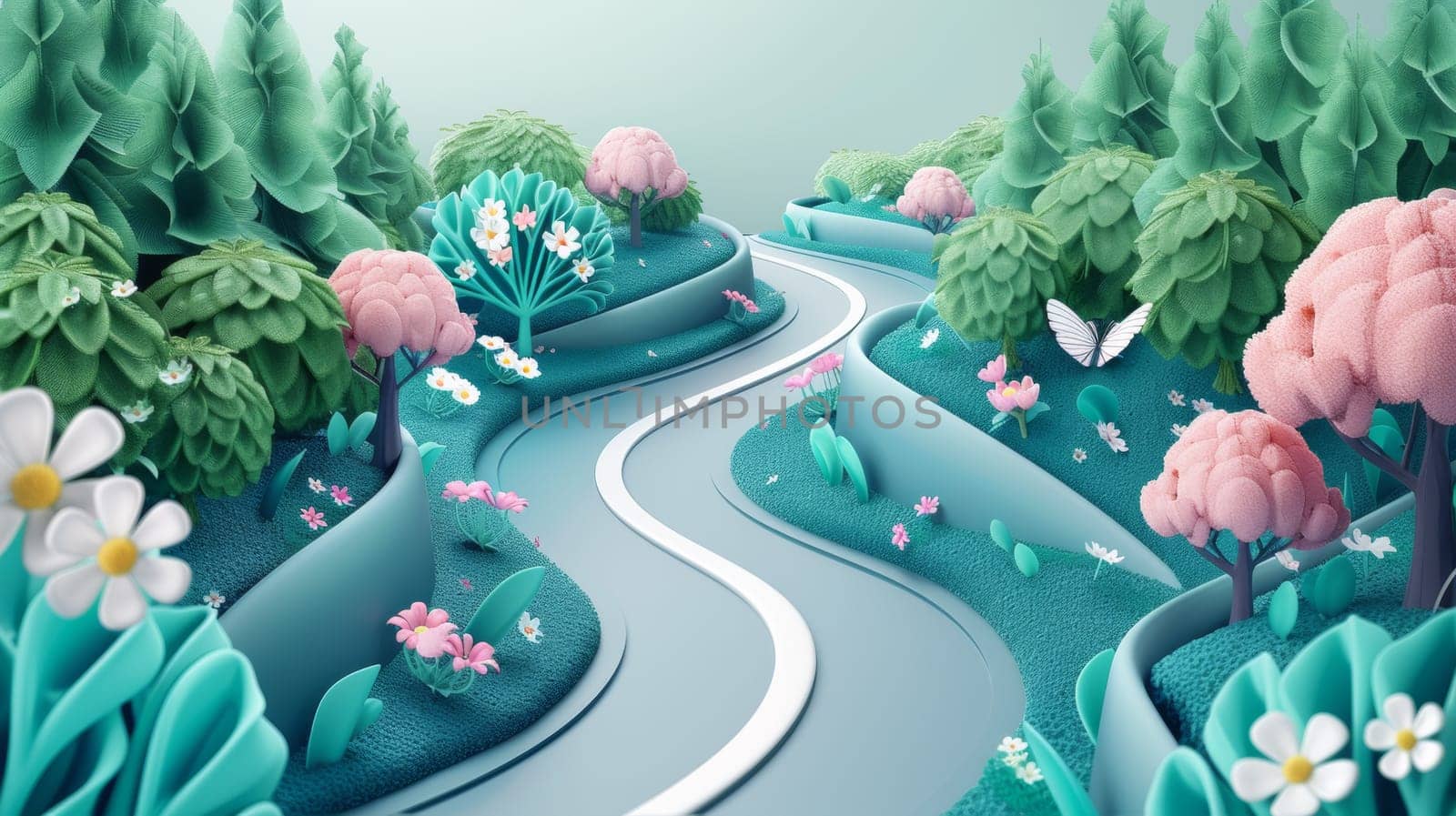 A 3d rendering of a winding road surrounded by flowers and trees