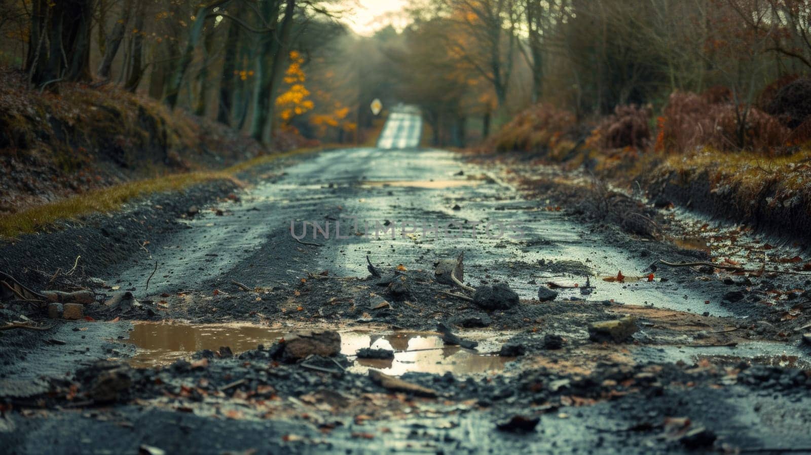 A road with a lot of mud and trees in the background