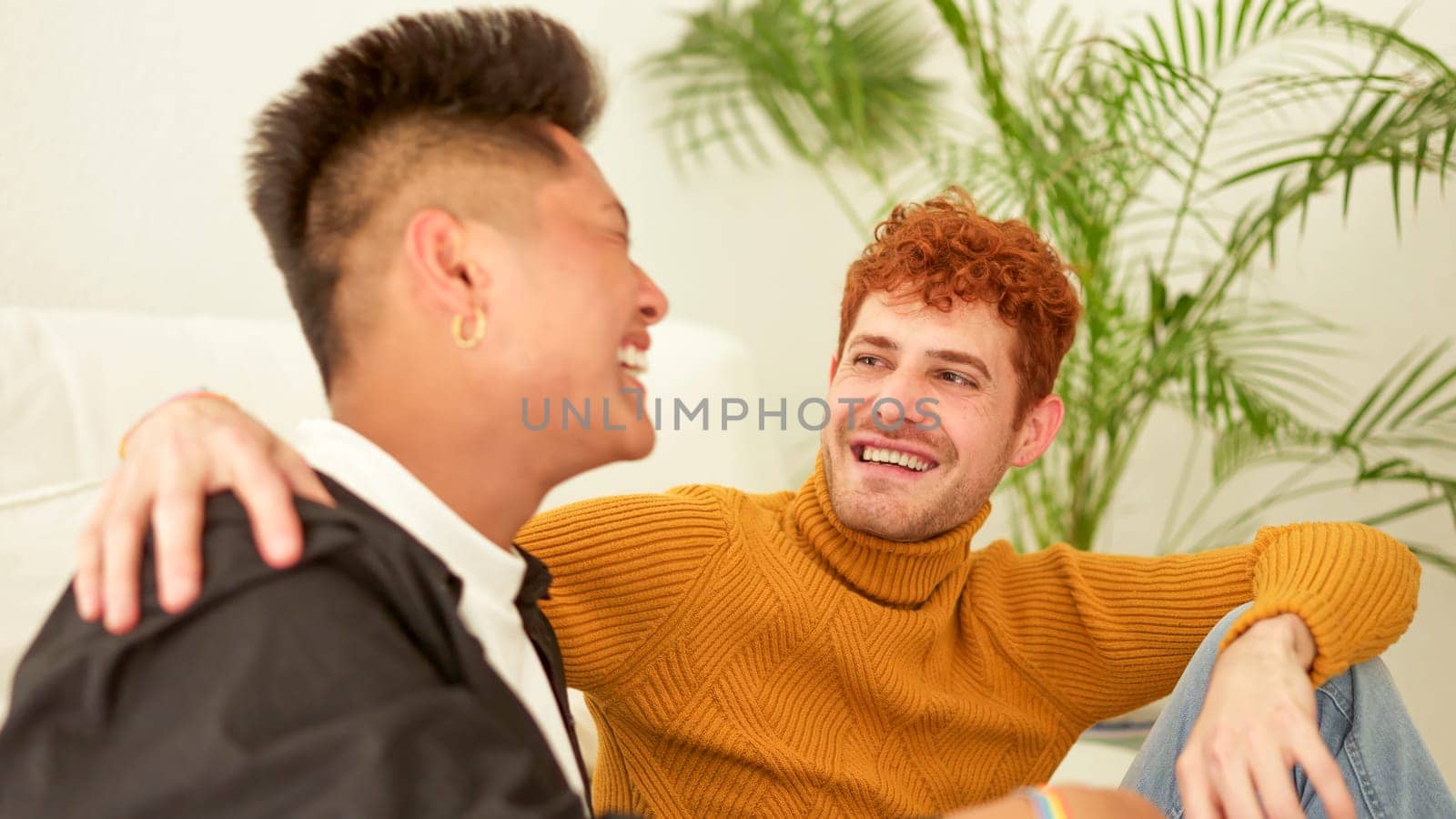 Multiethnic gay couple talking and smiling on the sofa