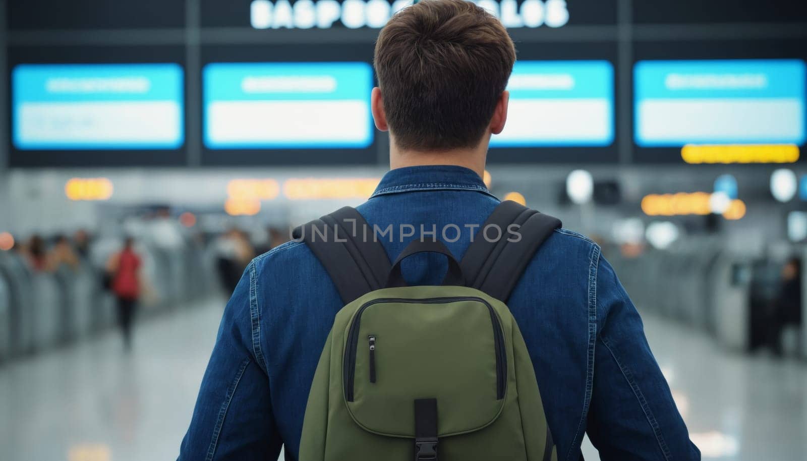 A back view of a young traveler with a green backpack looking at the departure boards in a modern and bright airport terminal.