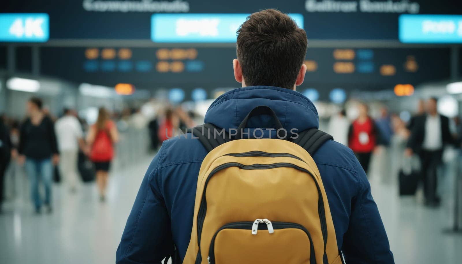 A back view of a young traveler with a green backpack looking at the departure boards in a modern and bright airport terminal.