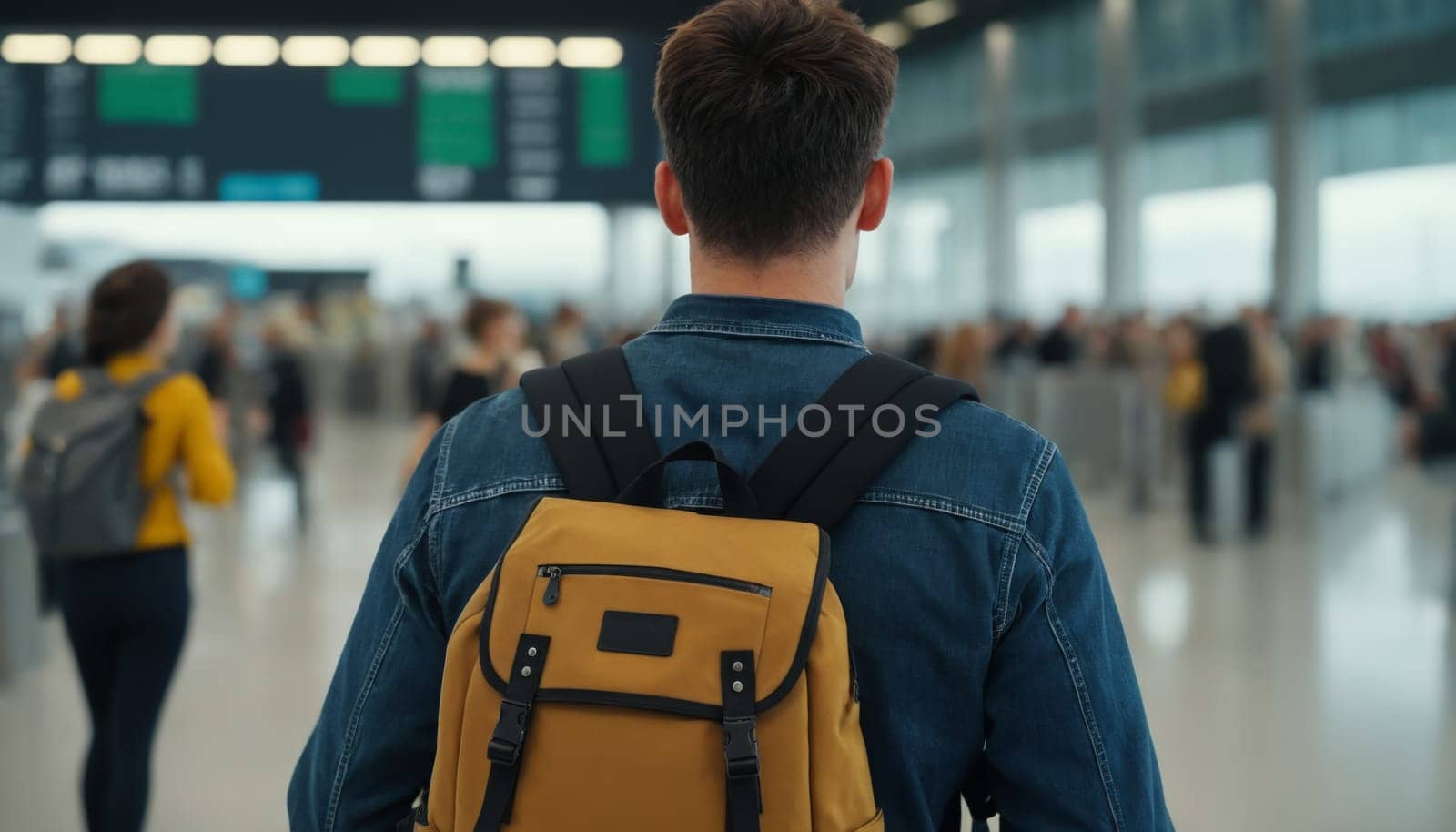 A back view of a young traveler with a green backpack looking at the departure boards in a modern and bright airport terminal.